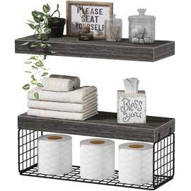 QEEIG Bathroom Shelves Over Toilet - Wall Mounted Floating Shelves Toilet Paper Storage Small Farmhouse Decor Shelf 16 inch Set of 2, Grey (019-GY2)