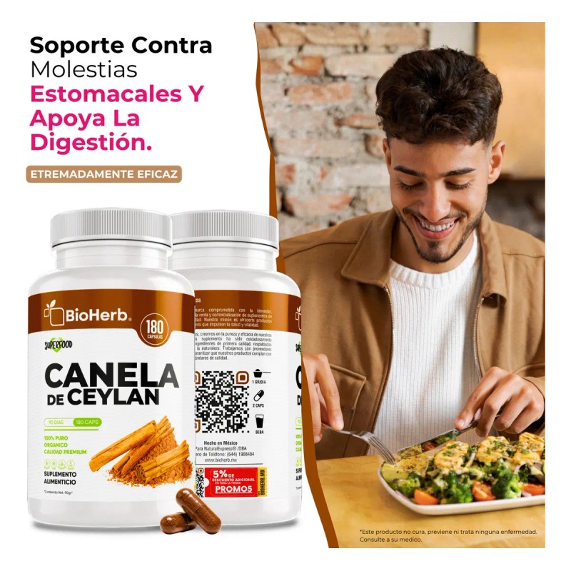 Bioherb Canela Ceylán 100 Pura Certificada Origen 180 Cápsulas Alta