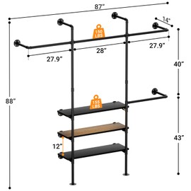 Cyclysio 7.25FT Industrial Pipe Clothing Racks, Wall Mounted Clothes Rack with LED Lights& Shelves, Reversible Heavy Duty Garment Racks Closet Wardrobe, Walk-in Closet System, Black