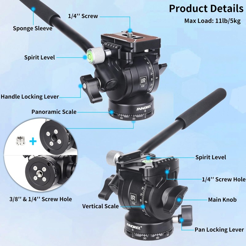 INNOREL F20 Fluid Head,Tripod Pan Tilt Head Mini Pan Metal