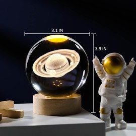 Arikyrist 80mm 3D Saturn Crystal Ball Night Light, Crystal Saturn Lamp Gifts for Space Lovers, Laser Engraved Glass Sphere Saturn Model Decor Crystal Decorative Ball Astronomy Planet Gifts