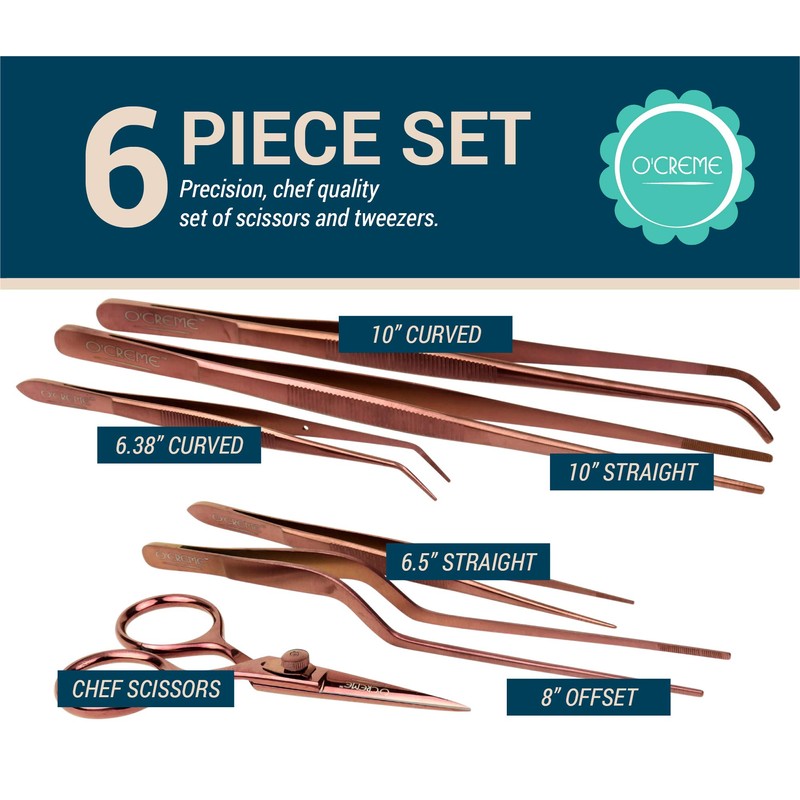 O'Creme Set of Culinary Tweezer Tongs Offset, Straight and Curved,
