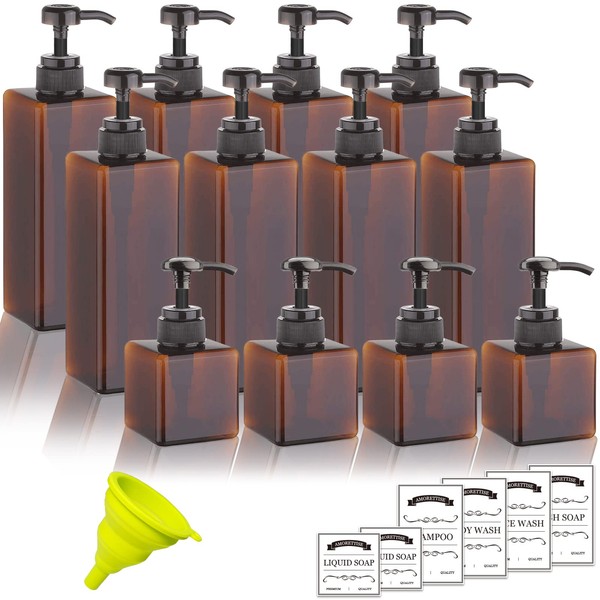 12 Pack Shampoo and Conditioner Dispenser Bottles, 8 Pack 22 Ounce and 4 Pack 8 Ounce Refillable Square Plastic Pump Bottles, Shower Soap Dispenser for Shampoo, Conditioner and Body Wash (Amber)