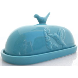JBK Pottery Hummingbird Butter Dish - Teal (Large Capacity) Fits East or West Coast Butter!