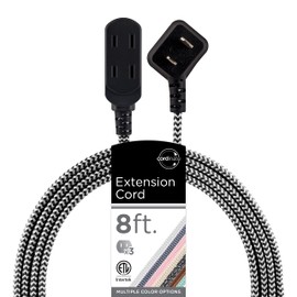 Cordinate Designer 3-Outlet Extension Cord, 2 Prong Power Strip, Extra Long 8 Ft Cable with Flat Plug, Braided Chevron Fabric Cord, Slide-to-Lock Safety Outlets, Black/White, 39984