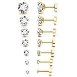 Fansilver 20G Hypoallergenic Flat Back Earrings for Women Men Silver 14K Gold Stainless Steel Stud Earrings Brithstone Cubic Zirconia Studs Surgical Steel Cartilage Earrings for Sensitive Ears