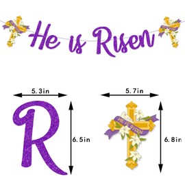 Purple Glitter He is Risen banner, Jesus Easter Garland Banner for Jesus Easter Christian Holiday Cross Party Decoration