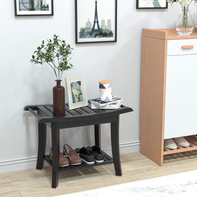Bamboo Shower Stool Bench Waterproof with Storage Shelf for Shaving