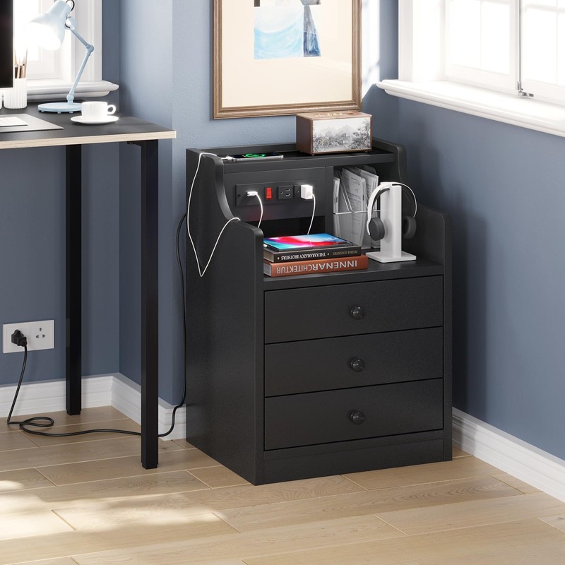 ADORNEVE Nightstand with Charging Station,Black Night Stand for Bedroom,End Table