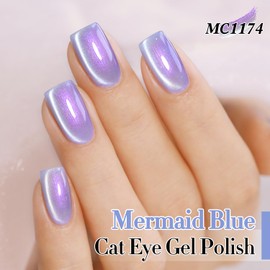 Double Rhythm 15ML Glass Cat Eye Gel Polish with Magnet Same Color Same Bottle Holographic Glitter Shimmer Salon Soak Off Magnetic Nail at Home (Mermaid Blue-MC1174)