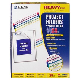C-Line Write-On Project Folders, Heavyweight Poly, Assorted Colors, 8.5 x 11 Inches, 25 per Box (62160)