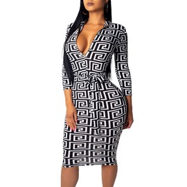 SxClub Women's Sexy Mock Neck Dresses Black and White Bodycon Elegant Sleeveless Brown Pencil Business Dress with Bandage Zipper