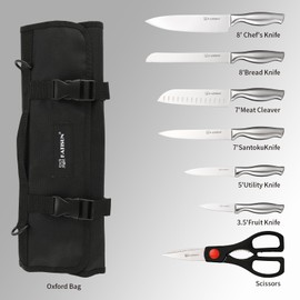 KATISUN Knife Set Roll Bag, 8 Pieces German High Carbon Stainless Steel Chef Knives with Hollow Handle, with Portable Knife Roll Storage Bag, Blade Guards, Kitchen Shears for Outdoor Camping Travel