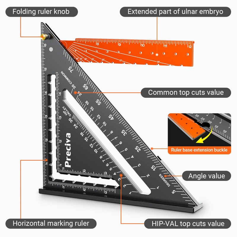 Preciva Foldable Carpenter Square Ruler, 12" (1/16" Scale) Aluminum Alloy