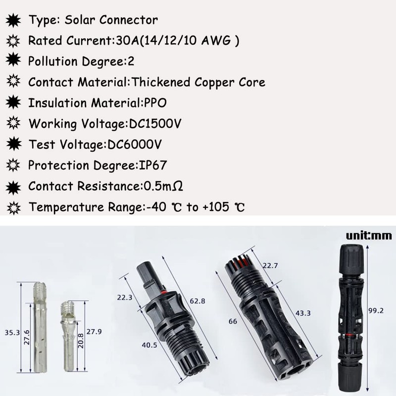 BAYM Solar Connector Male Female Solar Panel Connector 30A 1500V