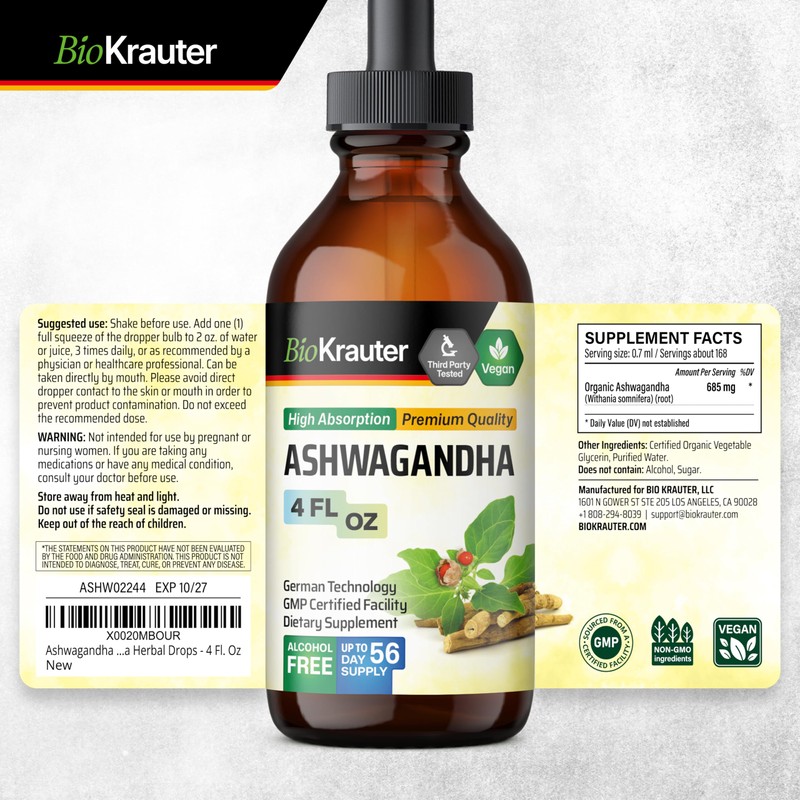 BIO KRAUTER® Ashwagandha Supplements - Liquid Drops Pure Vegan Ashwagandha