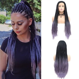 AFBeauty Black and Purple Braids Wig Long Synthetic Black Ombre Purple Micro Braided Wig Heat Resistant Fiber Afro Braids for Women 26 Inch