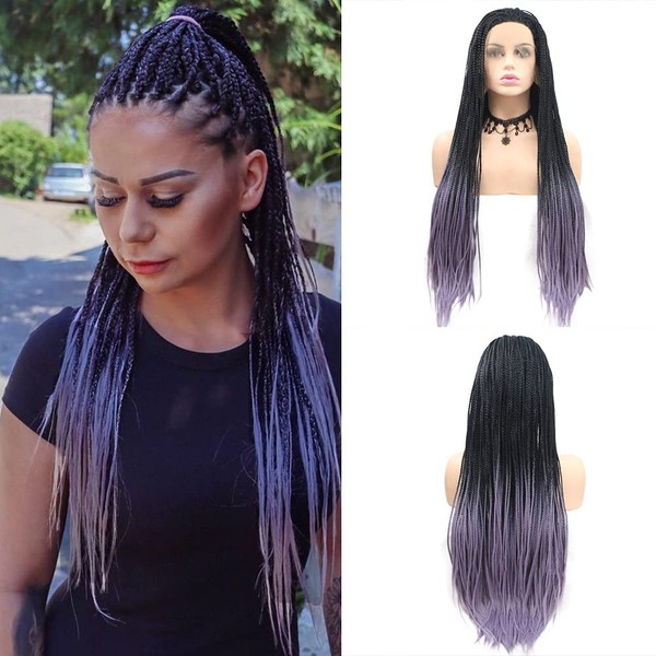 AFBeauty Black and Purple Braids Wig Long Synthetic Black Ombre Purple Micro Braided Wig Heat Resistant Fiber Afro Braids for Women 26 Inch