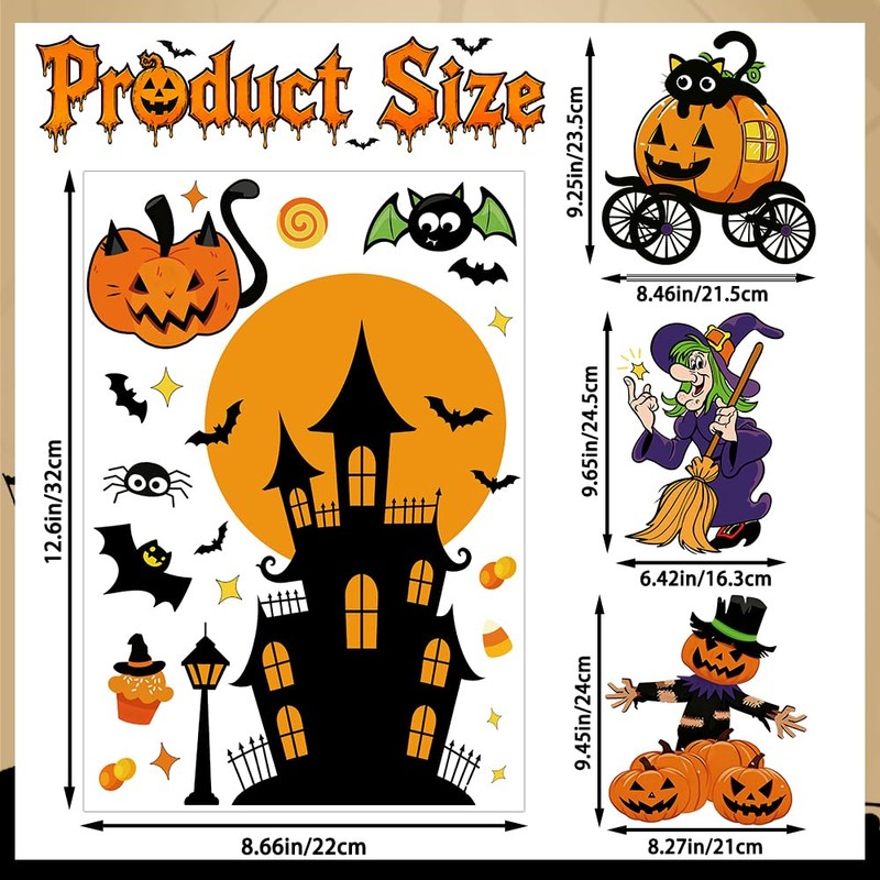 XIMISHOP 8 Sheets 174 Pcs Reusable Halloween Pumpkin Witch Window