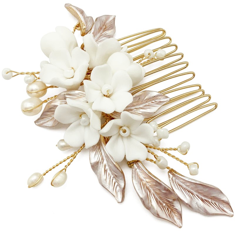 BETITETO White Ceramic Flower Hair Pieces with Comb Bridal Pearl