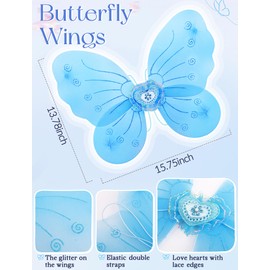 VEKDA 4 PCS Fairy Costume for Girls Butterfly Wings Kids Princess Costume Set with Tutu Skirt,Headband,Fairy Wings and Wand for 3-8 Years Blue