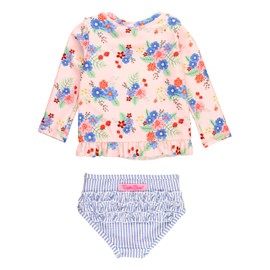 RuffleButts Coastal Breeze Floral Ruffle Detail Long Sleve Rash Guard 2-Piece - 3T