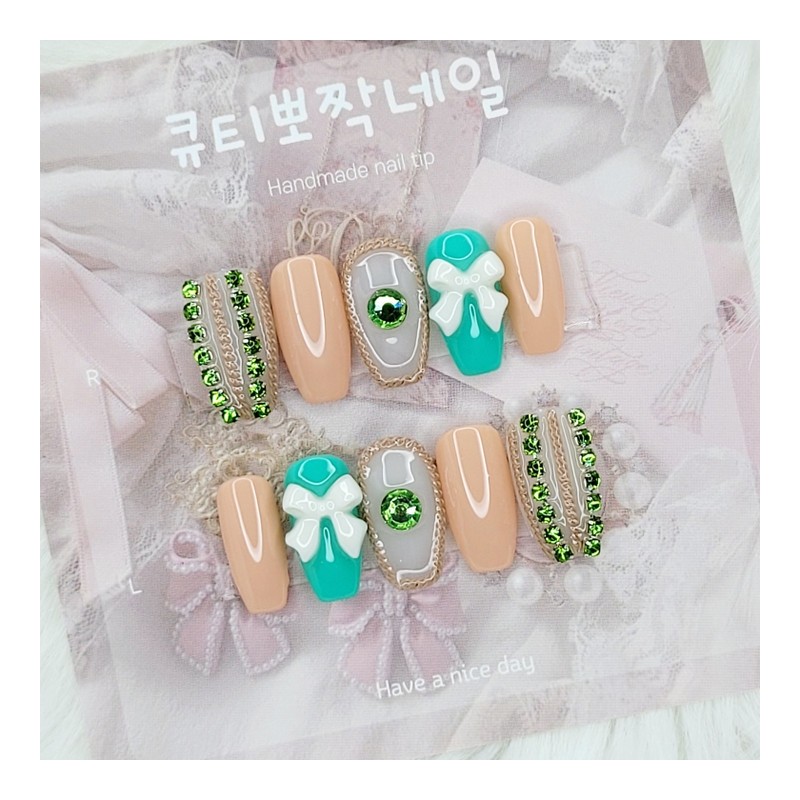 Beige chain handmade nail tip - Square L / 베이지