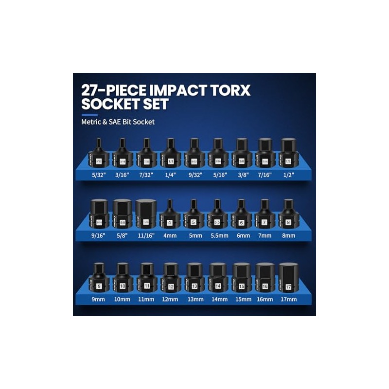 3/8" Drive Stubby Hex Bit Socket Set,27PCS Impact Allen Socket