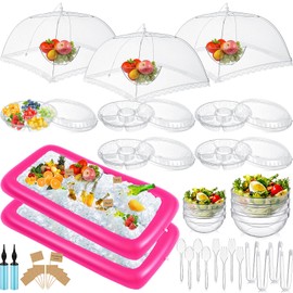 FillTouch 128 Pcs Inflatable Cooler for Parties 2 Inflatable Serving Bars Buffet Cooler for Parties 3 Food Cover 6 Salad Bowl 12 Serving Utensils 5 Plastic Appetizer Tray 100 Labels(Pink)