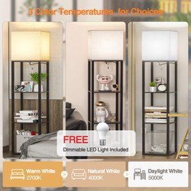 CNXIN 4 Tier Shelf Floor Lamp with Large Size, Floor Lamp with Shelves with 3 Color Temperature, Modern Wood Storage Display Standing Lamp with Linen Shade for Living Room, Bedroom, Office(Black)