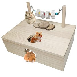 kathson Hamster Multi-Chamber Hideouts, Wooden House Maze Tunnels Exploring Toy Small Animal Activity Sport Playground Platform with Chew Molar Stone Toys for Dwarf Hamster Gerbils Mice Syrian