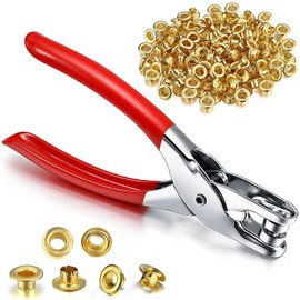 Grommet Eyelet Plier Set, Eyelet Hole Punch Pliers, Handheld Hole Punch Pliers,Grommet Tool Kit, Grommet Setting Tool, Eyelet Hole Punch Pliers with 200 Metal Eyelets for Leather Clothes Belt, Gold