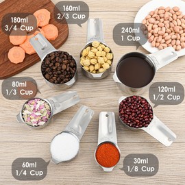 Stainless Steel Measuring Cups and Spoons Set, 18/8 (304) Measuring Cups Spoons, Heavy Duty 7 Measuring cups and 9 Measuring Spoons 1 Leveler for Baking and Kitchen