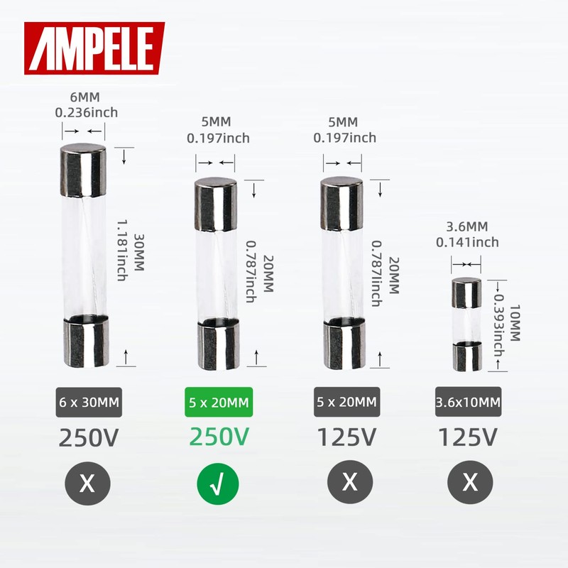 AMPELE (Pack of 20) 0.5A Fast-Blow Fuse 0.5Amp 250V Glass