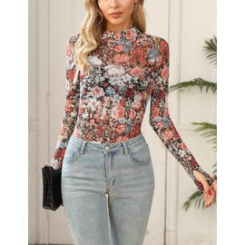 Ugerlov Womens Lace Long Sleeve Mesh Top Floral Mock Neck See Through Going Out Top with Thumb Hole Party Outfits Shirts,A Floral Fierce M