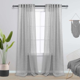 KOUFALL Grey Textured Sheer Curtains 96 Inches Long for Living Room Pom Pom Boho Fluffy Furry Back Tab Ceiling to Floor Length Rod Pocket Light Gray Curtain for Sliding Glass Door Large Window 8 FT