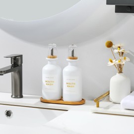 BONLONG 11.8OZ Mouthwash Dispenser for Bathroom with Bamboo & Stainless Steel Pour Spout, Mouthwash Cups Reusable, Bamboo Tray, and Elegant Gold Label. Set of 2（White