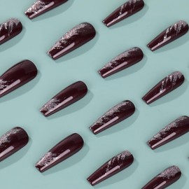 Wine Red Press on Nails Silver Glitter Designs Fake Nails Extra Long Coffin Shaped False Nails Bling Acrylic Nails Full Cover Sparkly Stick on Nails for Women Nail Art DIY 24 Pcs