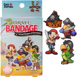 BioSwiss Bandages, Pirate Shaped Self Adhesive Bandage, Latex Free Sterile Wound Care, Fun First Aid Kit Supplies for Kids and Adults, 24 Count