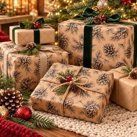 Christmas Wrapping Paper Roll for Holiday Gifts – Pine Needle Print with Natural-Look Paper Design for Festive Packaging