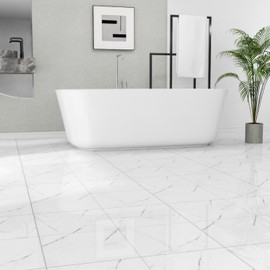 10-Pack Peel and Stick Floor Tiles Vinyl Floor 12 x 12 inch Self Adhesive Waterproof Glossy Flooring Planks DIY for Bathroom, Kitchen, Living Room, RV, Cover 10 Sq. Ft, Polish White Marble