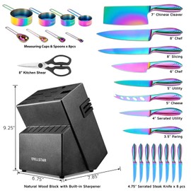 Rainbow Knife Block Set 27-Piece, Iridescent German Stainless Steel Kitchen Knives Set with Wooden Holder, Colorful Titanium Coating, Include Scissors and 2-Stage Built-in Sharpener and 8pcs Gadgets