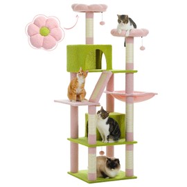 MUTTROS Flower Cat Tree, 70.9" Tall Cat Tree for Indoor Cats, Large Cat Tree for Large Cats, Multi-Level Tall Cat Tower with 6 Scratching Posts, 2 Cat Condos, 2 Perches, Large Hammock, Pompoms, Pink