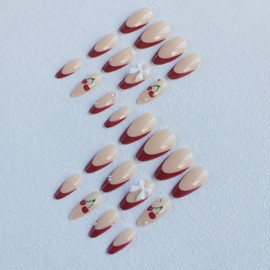 24Pcs Wine Red Almond French Tip Press on Nails Medium Bow Tie Cherry Fake Nails French Pearl False Nails Full Cover Acrylic Nails Artificial Coffin Nails DIY Stick on Nails Set Glue on Nail for Women