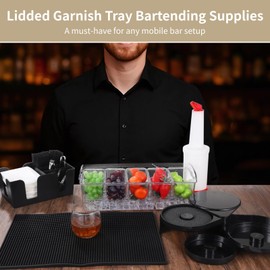515 PCS Garnish Tray Bartending Supplies, Ice Tray with Lid Bar Caddy 3 Tier Glass Rimmer, Mobile Bar Set with Non-Slip Silicone Bar Mat, Juice Jugs with Spouts, 500 Straws, Bottle Pourers