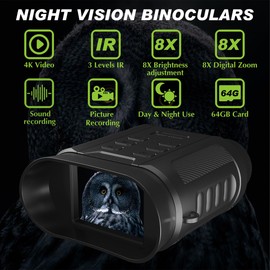 Night Vision Goggles - 4K HD Upgraded 850nm IR Night Vision Binoculars - 8X Digital Zoom, Rechargeable Night Vision Device with Camera Built in, Save Photos and Videos, Flashlight for Camping Hunting
