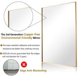 LEDLUX 36x48 Inch Gold Bathroom Mirror, Copper-Free Mirror, Aluminum Alloy Frame Vanity Mirror, Rectangle Wall Mounted Mirror, Modern Mirror for Bedroom/Living Room/Porch Horizontal or Vertical