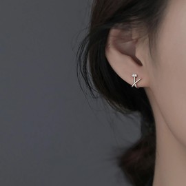 Reffeer Solid 925 Sterling Silver Letter X Cuff Earrings for Women Earrings CZ X Wrap Earrings Piercing Studs Earrings (A-Silver)