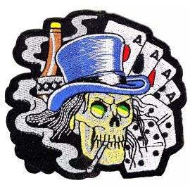Gambler Skull Top Hat Cards Cig Iron On Embroidered Patch 3 1/2" x 3 1/4"