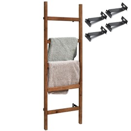 FUIN Wall Mounted 57in Wooden Blanket Ladder Living Room Decorative Farmhouse Quilt Display Holder Rustic Wood Towel Rack for Bathroom, Brown